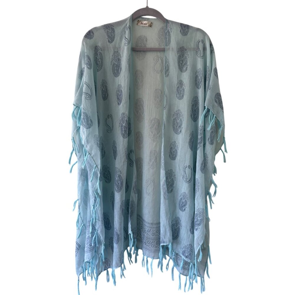 Janice Kimono Beach Cover Up Lace Fringe Blue White One Size Coastal Grandma